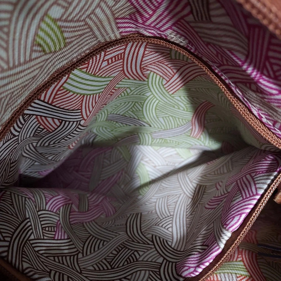 the Sak Denim Blue Natural Tan Metallic Gold Shoulder Leather Purse - Picture 13 of 16